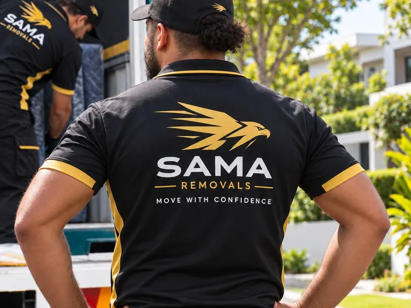 A SAMA Removals mover in uniform, seen from behind, beside a loading truck