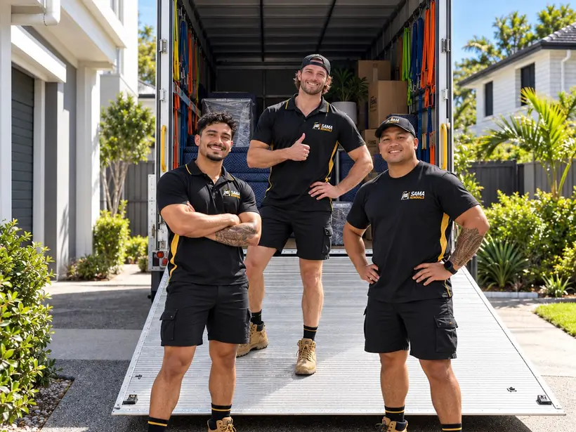Three SAMA Removals crew members standing on the loading ramp of a packed moving truck