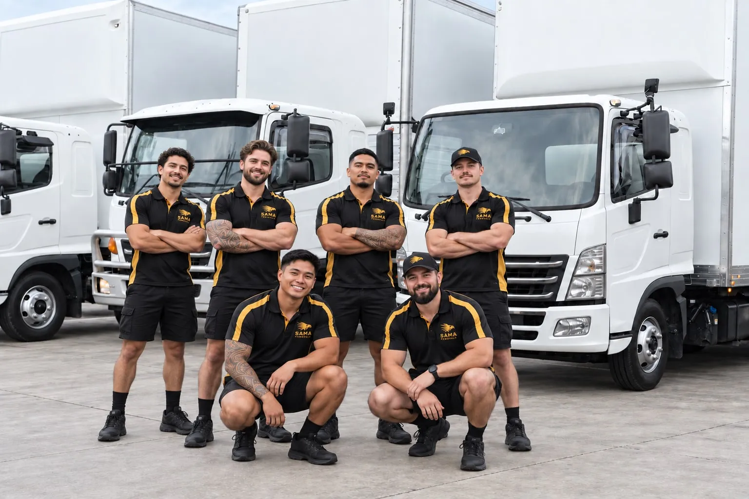The SAMA Removals crew in uniform in front of the truck fleet