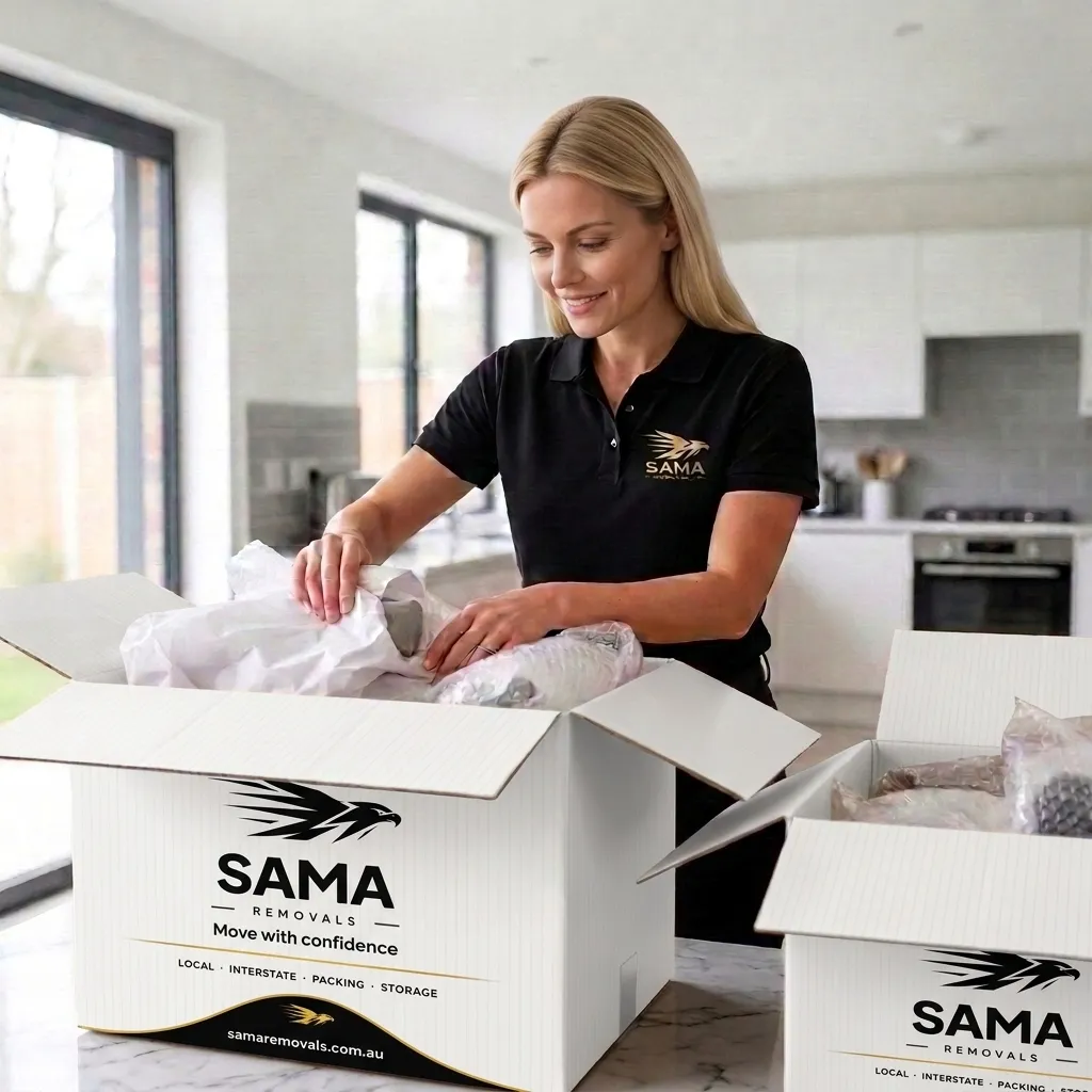 A SAMA Removals professional packing household items into boxes