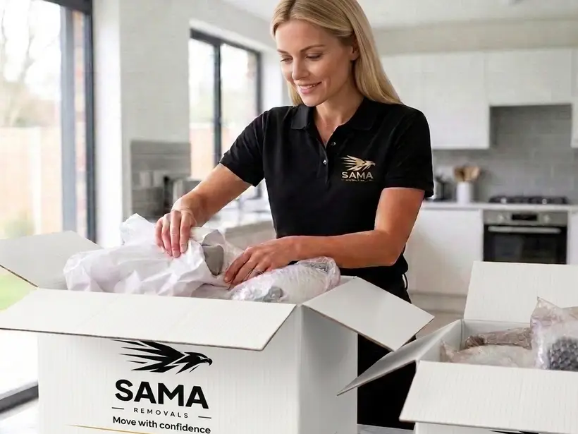 SAMA Removals team member wrapping and packing kitchen items
