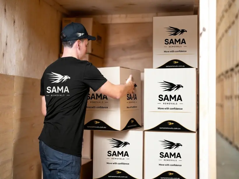 SAMA Removals boxes being stacked into a storage module