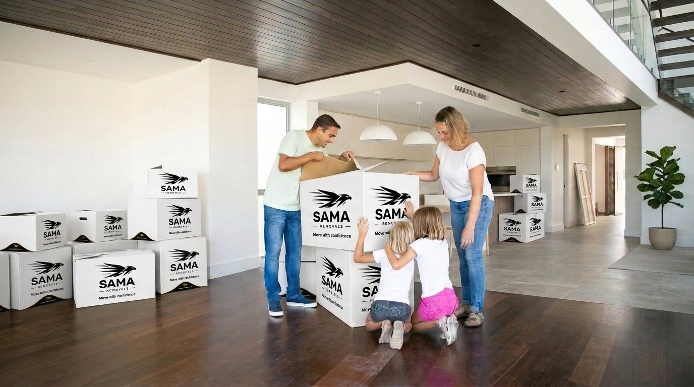 A family unpacking SAMA Removals boxes in their new home