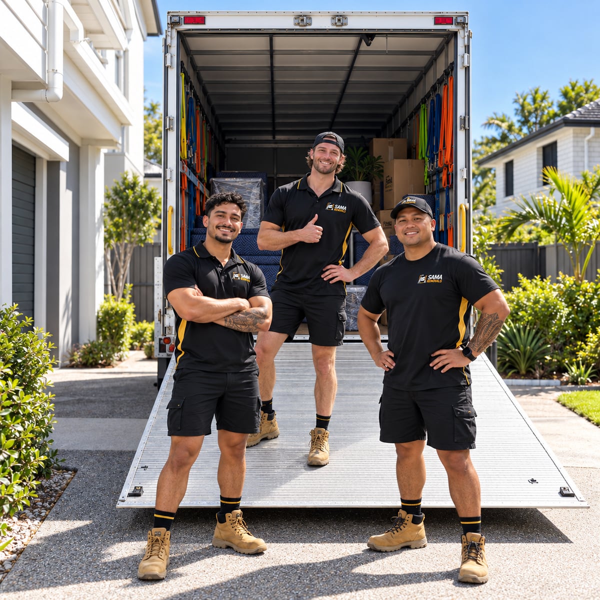 Three SAMA Removals crew members standing on the loading ramp of a packed moving truck