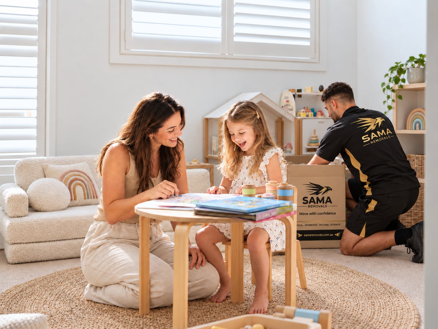 A mother and daughter playing while a SAMA Removals mover packs their room