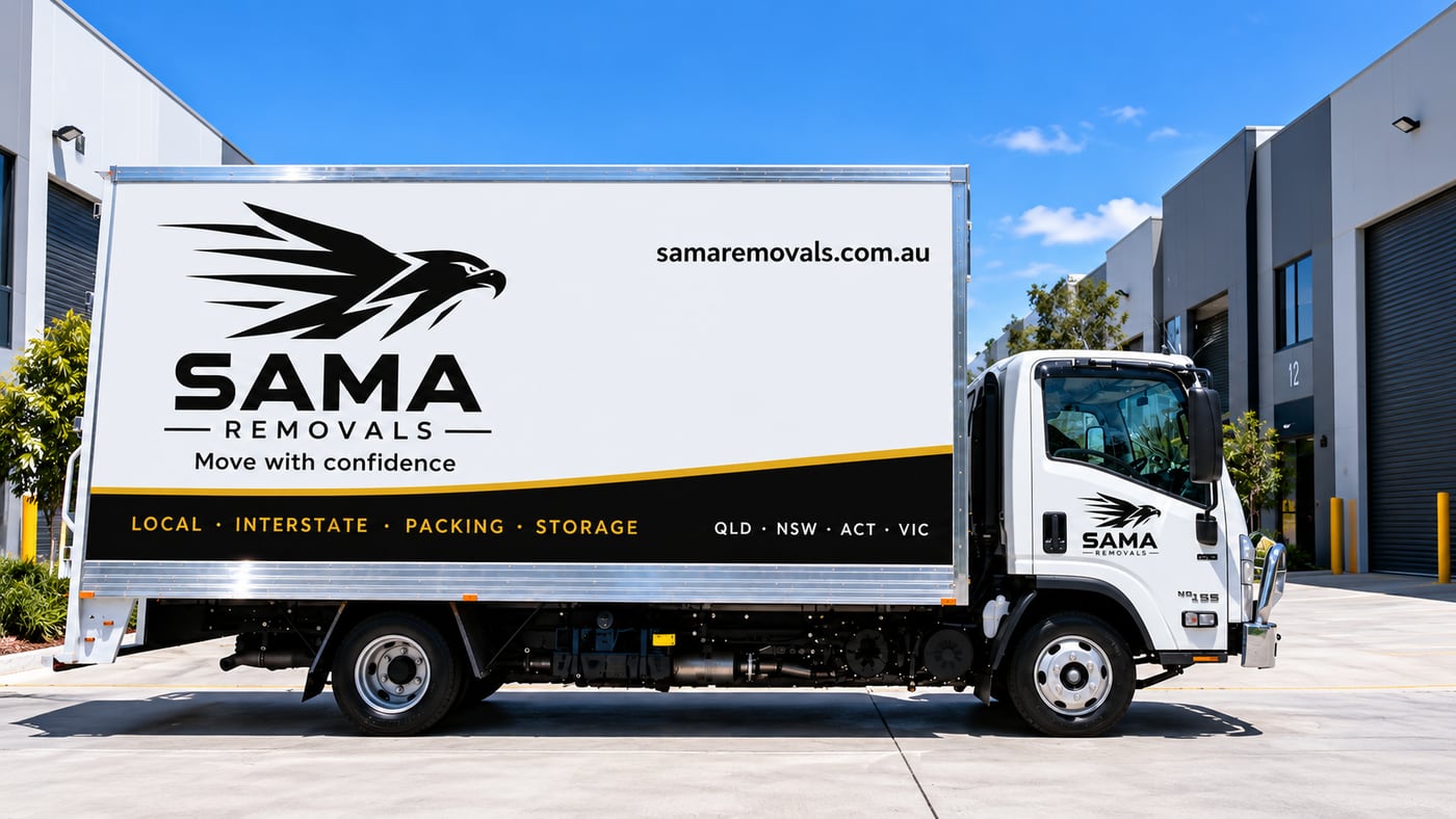 SAMA Removals branded moving truck parked outside a warehouse